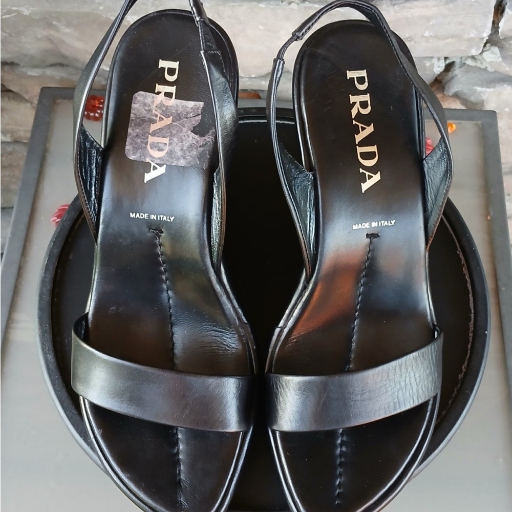 Prada Black Leather Wedge Sandals - Picture 3 of 8